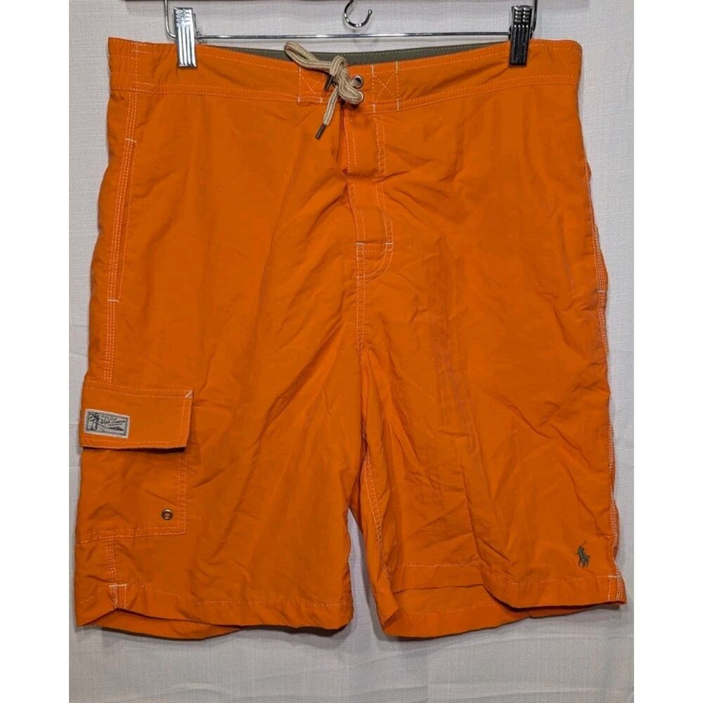 Vintage Polo Ralph Lauren Mens Board Shorts Swim Trunks Sz L Orange Green Pony
